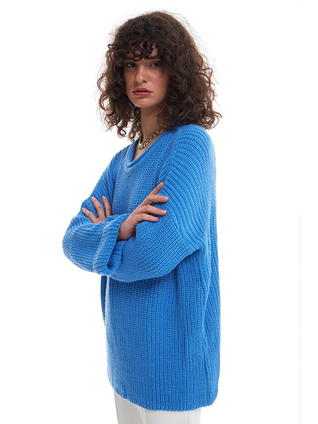 Bisiklet Yaka Örgü Kazak Mavi