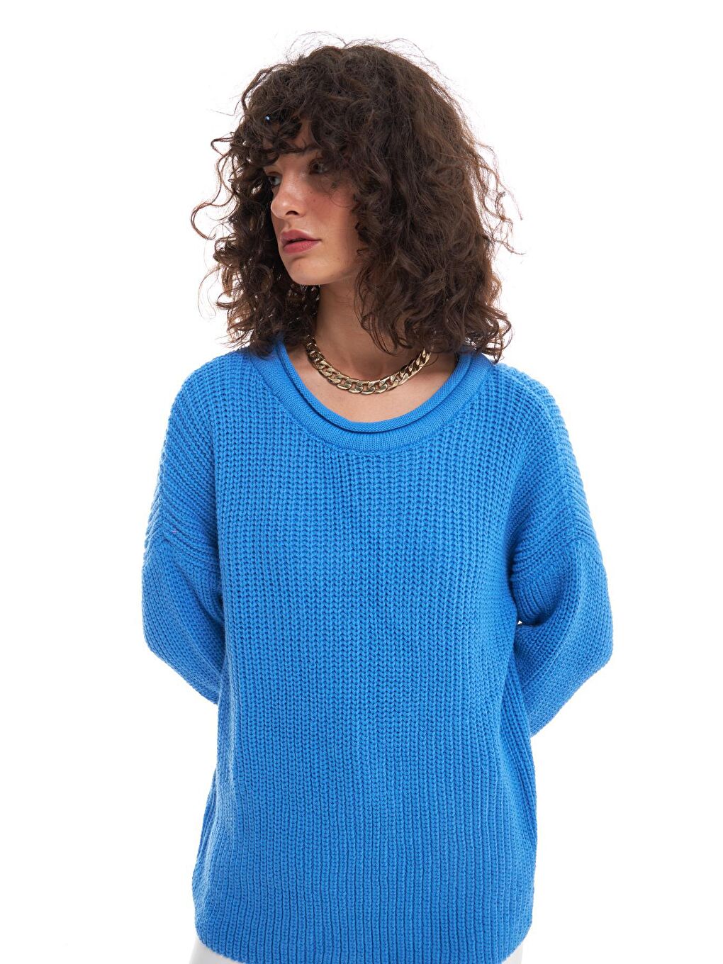 Bisiklet Yaka Örgü Kazak Mavi-3