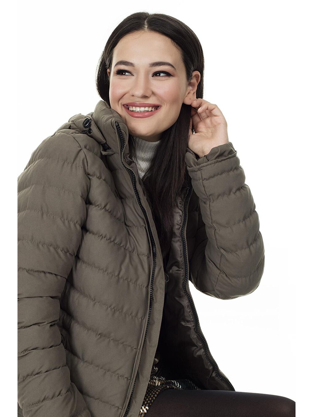 Haki Kapüşonlu Ekstra Dar Kesim Şişme Mont 5568080-1