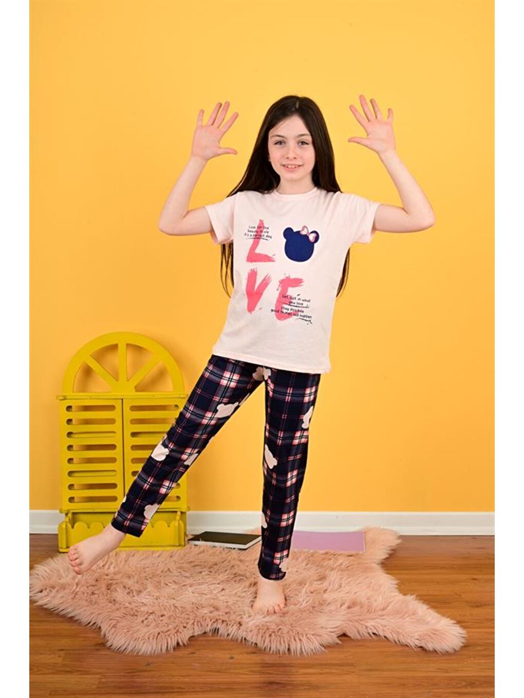 Pembe Kız Çocuk Kısa Kollu Pijama Takımı Love Bear Somon