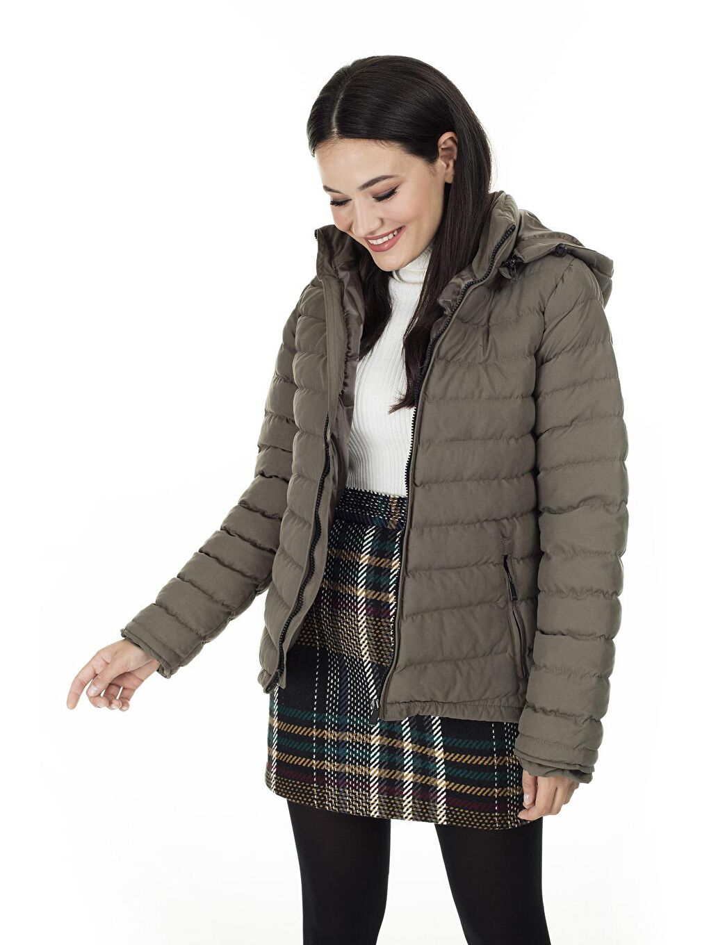 Haki Kapüşonlu Ekstra Dar Kesim Şişme Mont 5568080-4