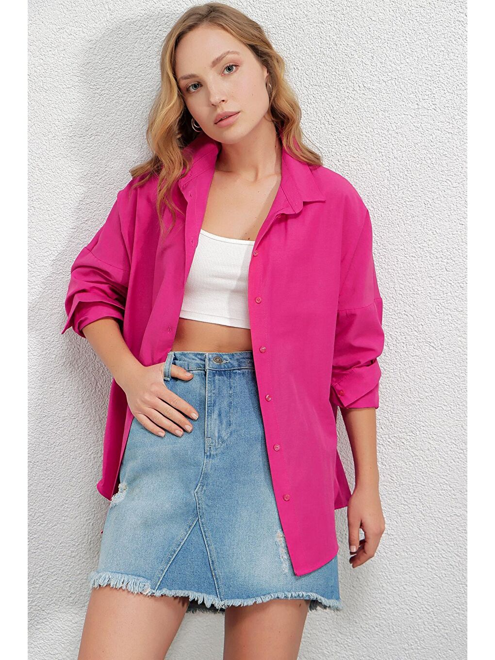 hazelin Koyu Pembe Kadın Koyu Pembe Oversize Uzun Basic Gömlek HZL22W-BD139001