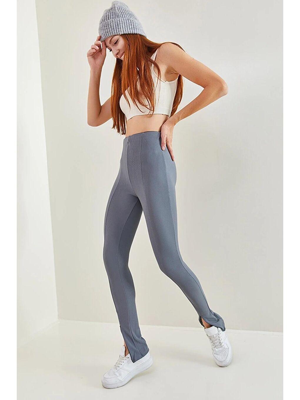 Gri Kadın Paça Fermuarlı Fitilli Tayt 1824