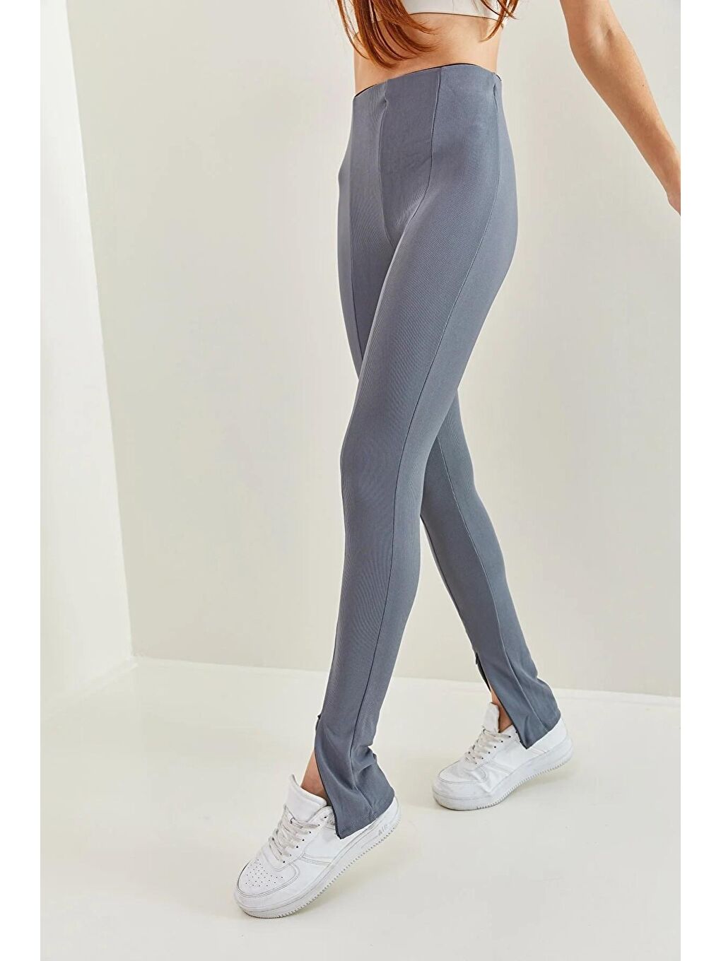 Gri Kadın Paça Fermuarlı Fitilli Tayt 1824-2