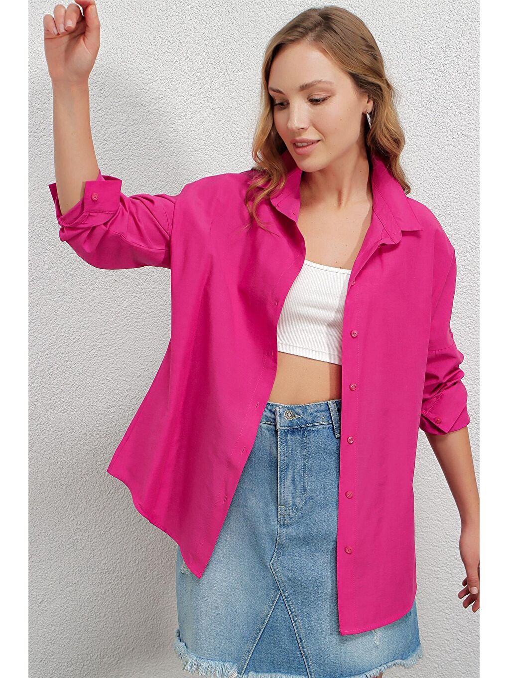 hazelin Koyu Pembe Kadın Koyu Pembe Oversize Uzun Basic Gömlek HZL22W-BD139001 - 2