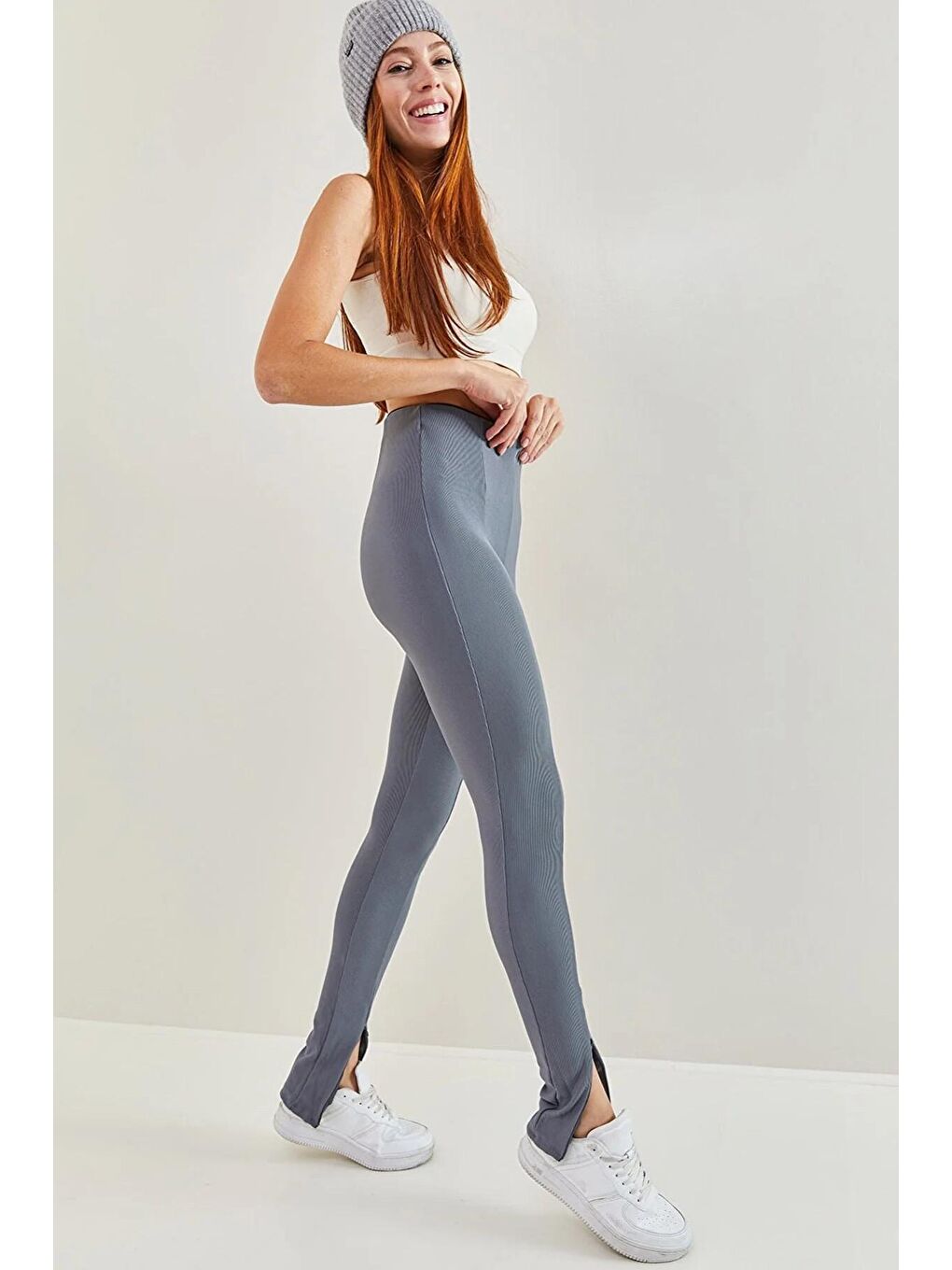 Gri Kadın Paça Fermuarlı Fitilli Tayt 1824-3