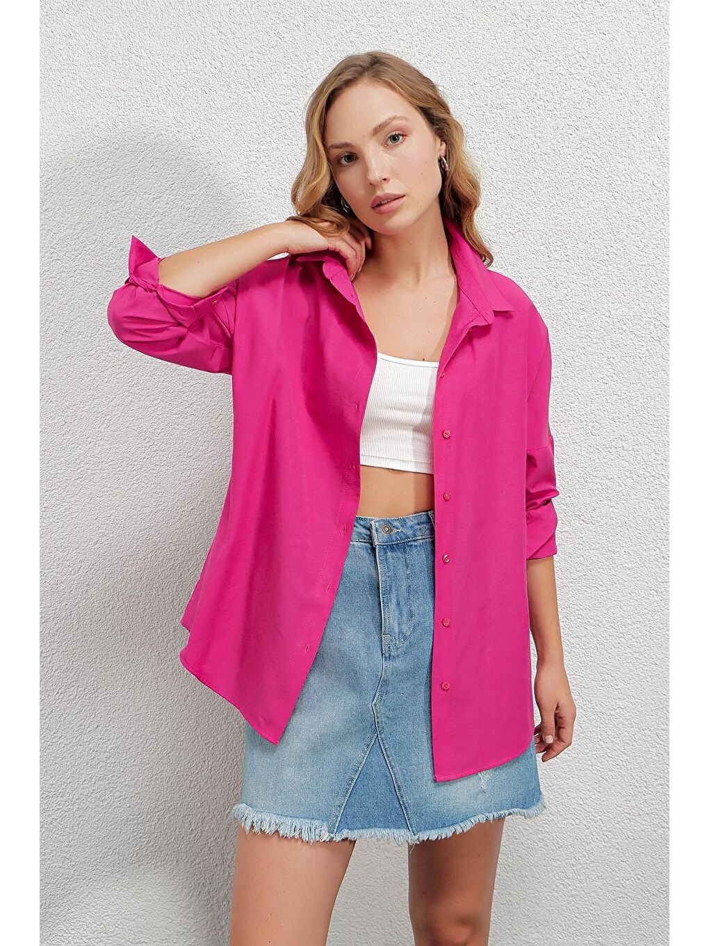 hazelin Koyu Pembe Kadın Koyu Pembe Oversize Uzun Basic Gömlek HZL22W-BD139001 - 3