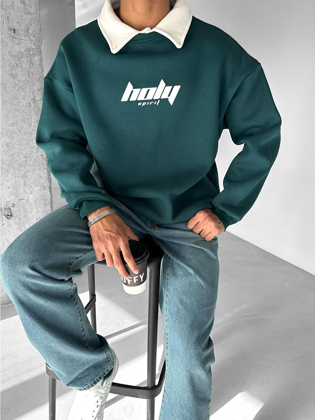 Erkek Oversize Polo Yaka Sweatshirt Yeşil