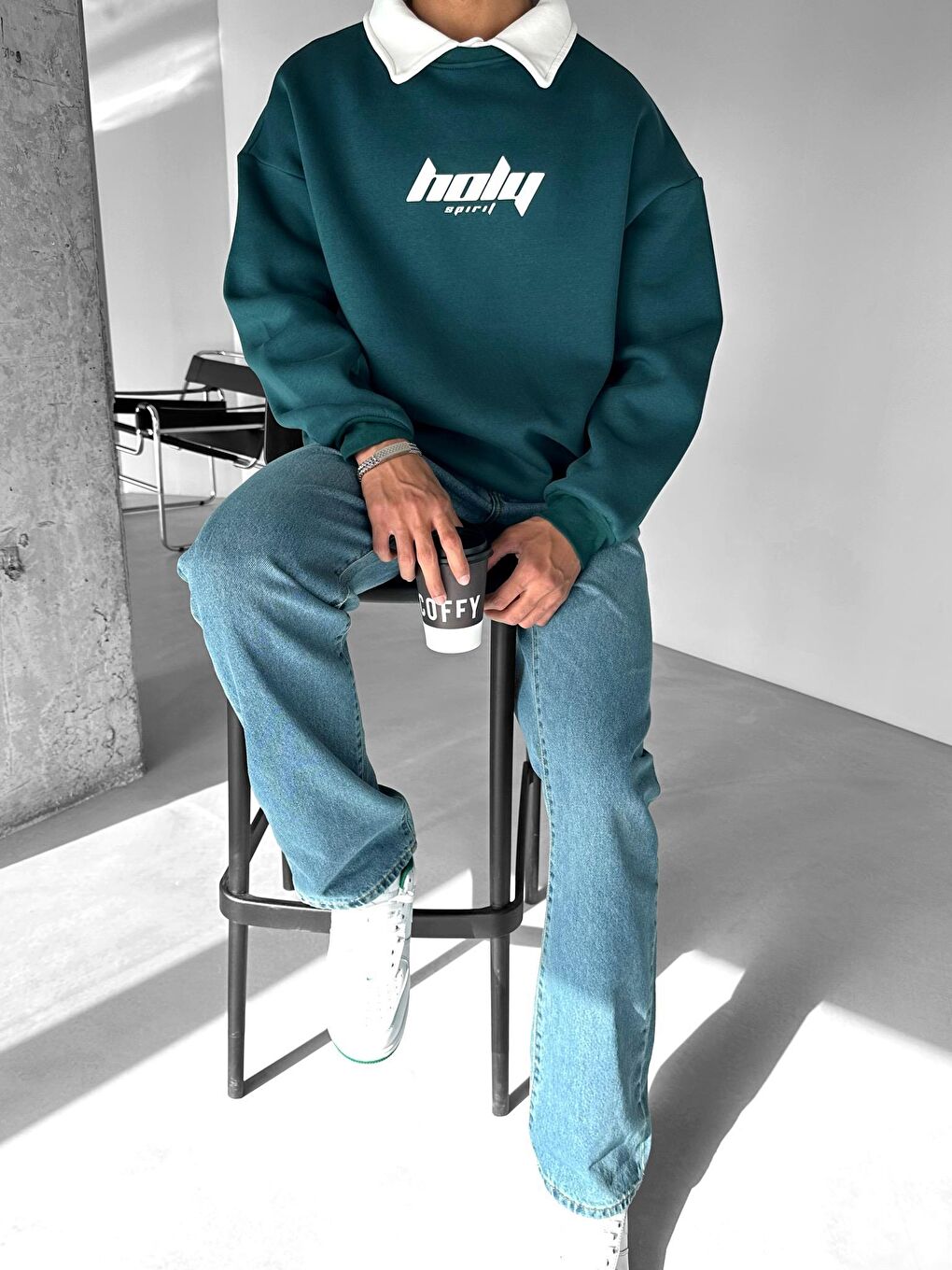 Erkek Oversize Polo Yaka Sweatshirt Yeşil-1