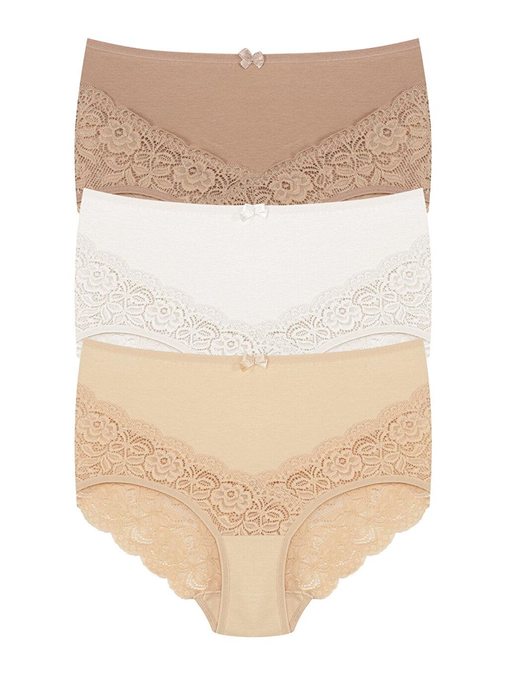 Bej Pamuklu Arkası ve Önü V Dantel Yüksek Bel Büyük Beden Kadın Külot 3'lü