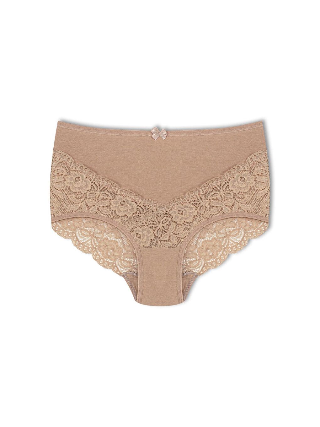 Bej Pamuklu Arkası ve Önü V Dantel Yüksek Bel Büyük Beden Kadın Külot 3'lü-1