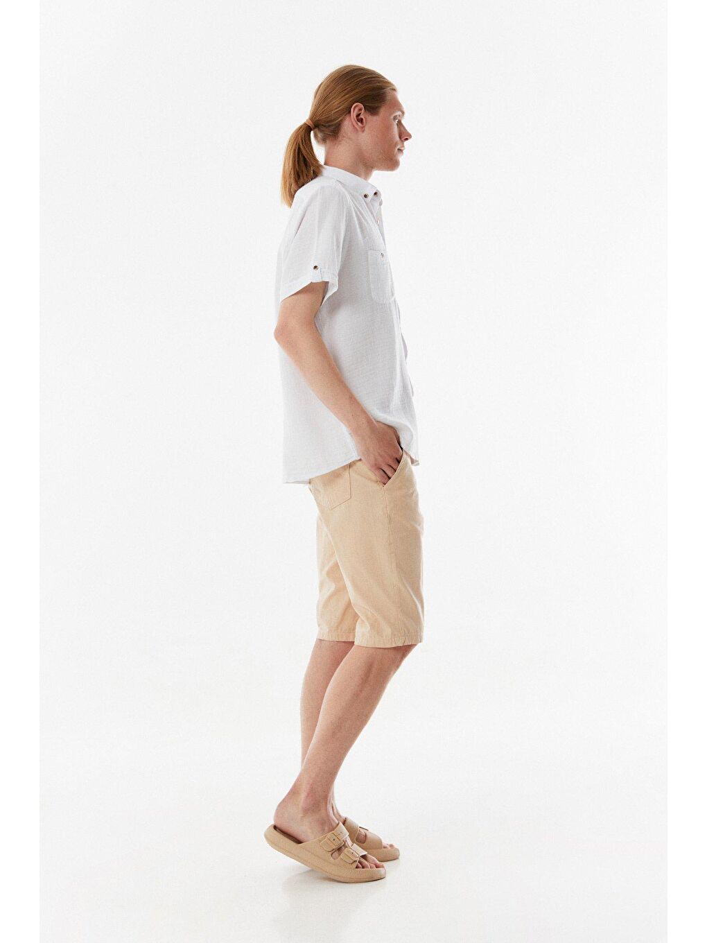 Beyaz Çift Cepli Kısa Kollu Gömlek-4