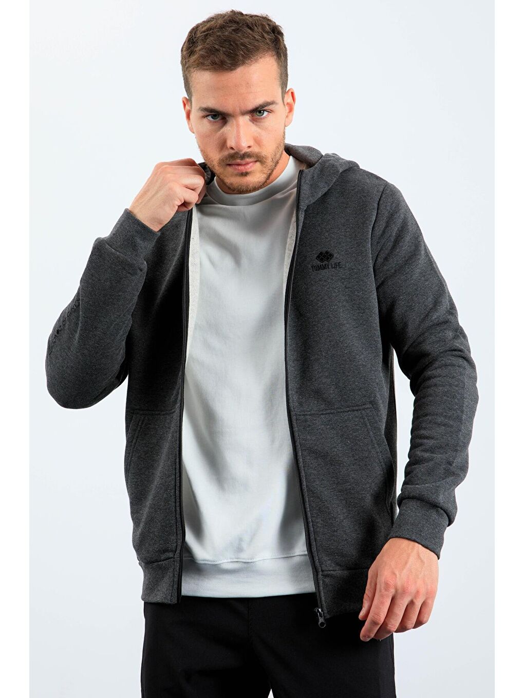 Antrasit Melanj Basic Kapüşonlu Rahat Form Nakış Detaylı  Erkek Fermuarlı Sweatshirt Hırka - 88035