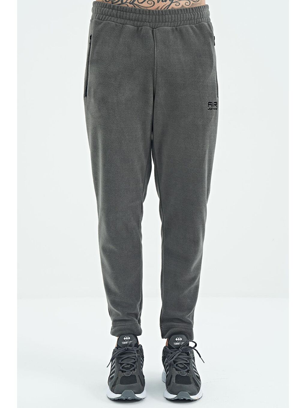 Koyu Gri Logo Nakışlı Bağcıklı Polar Erkek Jogger Eşofman Alt - 82109