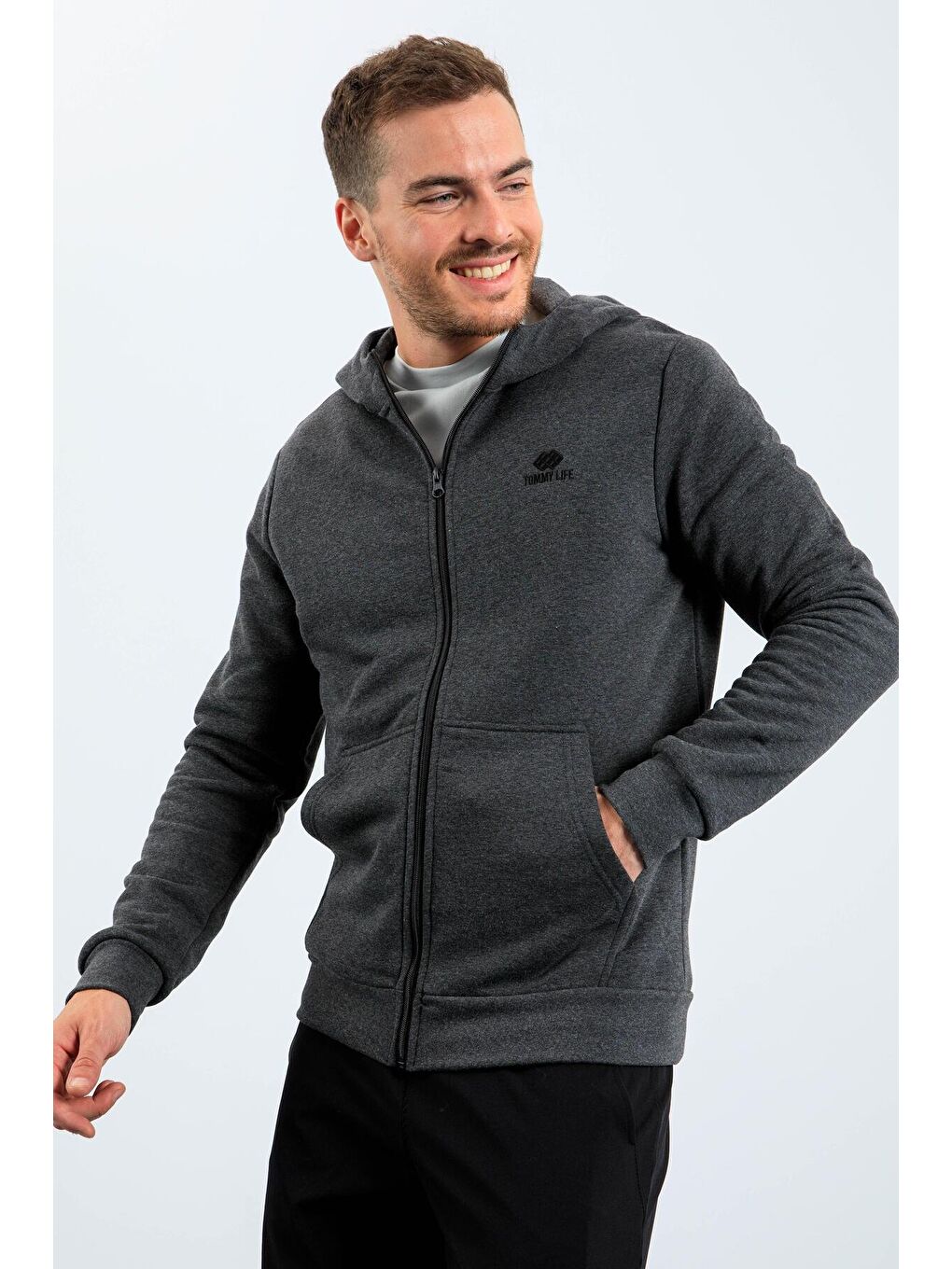 Antrasit Melanj Basic Kapüşonlu Rahat Form Nakış Detaylı  Erkek Fermuarlı Sweatshirt Hırka - 88035-2