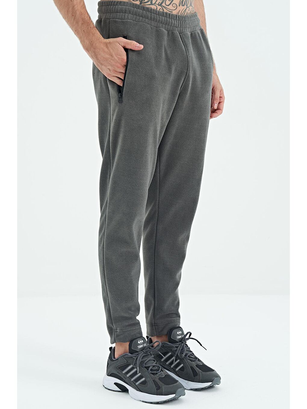 Koyu Gri Logo Nakışlı Bağcıklı Polar Erkek Jogger Eşofman Alt - 82109-2