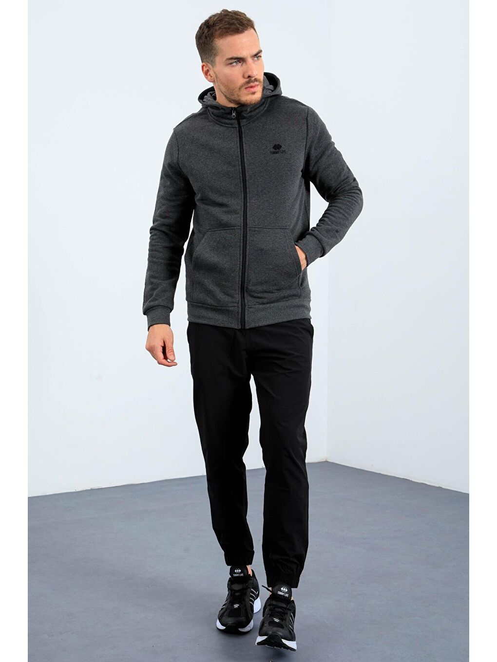 Antrasit Melanj Basic Kapüşonlu Rahat Form Nakış Detaylı  Erkek Fermuarlı Sweatshirt Hırka - 88035-3