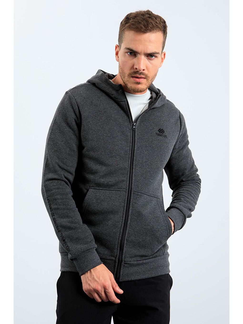 Antrasit Melanj Basic Kapüşonlu Rahat Form Nakış Detaylı  Erkek Fermuarlı Sweatshirt Hırka - 88035-4