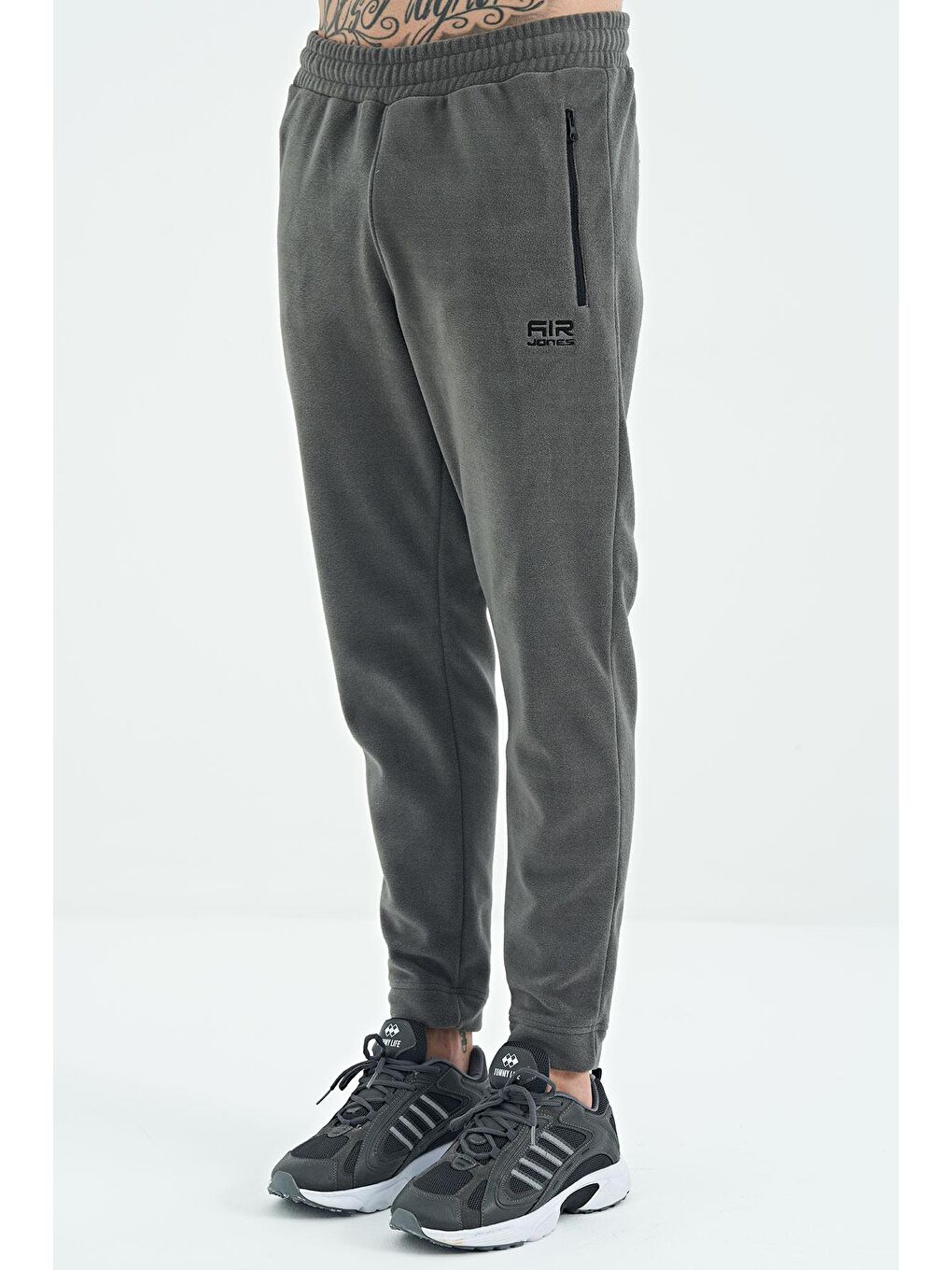 Koyu Gri Logo Nakışlı Bağcıklı Polar Erkek Jogger Eşofman Alt - 82109-4