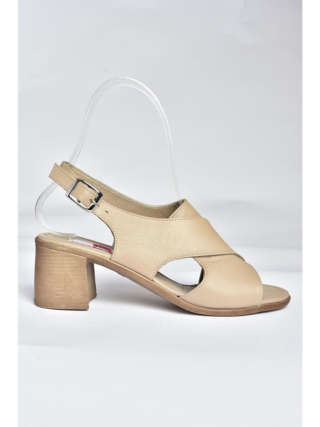 Bej P555450503 Vizon Hakiki Deri Kalın Topuklu Kadın Ayakkabı-3