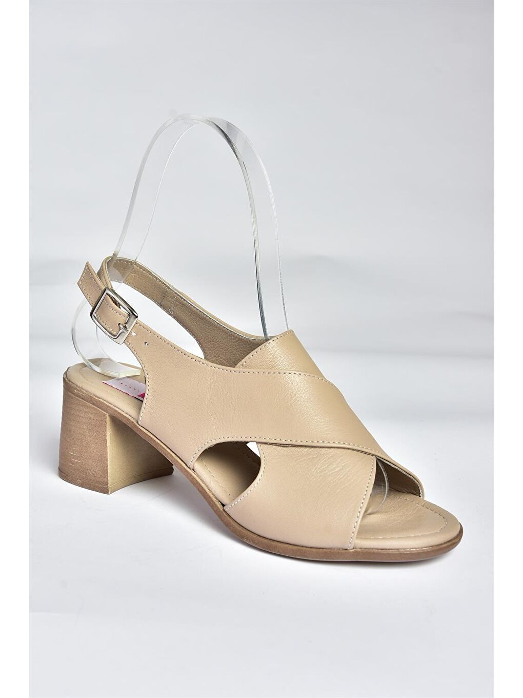 Bej P555450503 Vizon Hakiki Deri Kalın Topuklu Kadın Ayakkabı-4