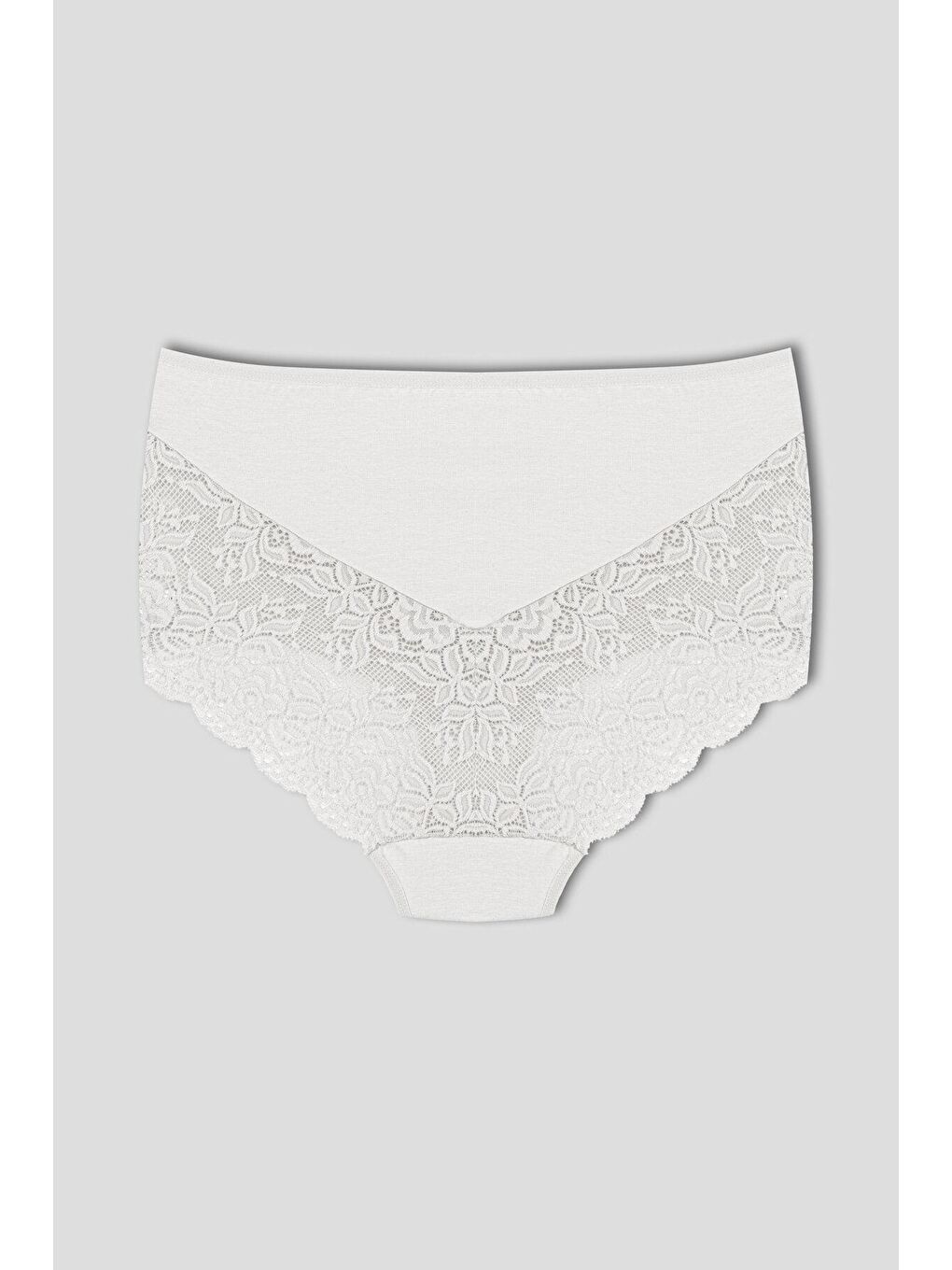 Ekru Pamuklu Arkası ve Önü V Dantel Yüksek Bel Büyük Beden Kadın Külot-1