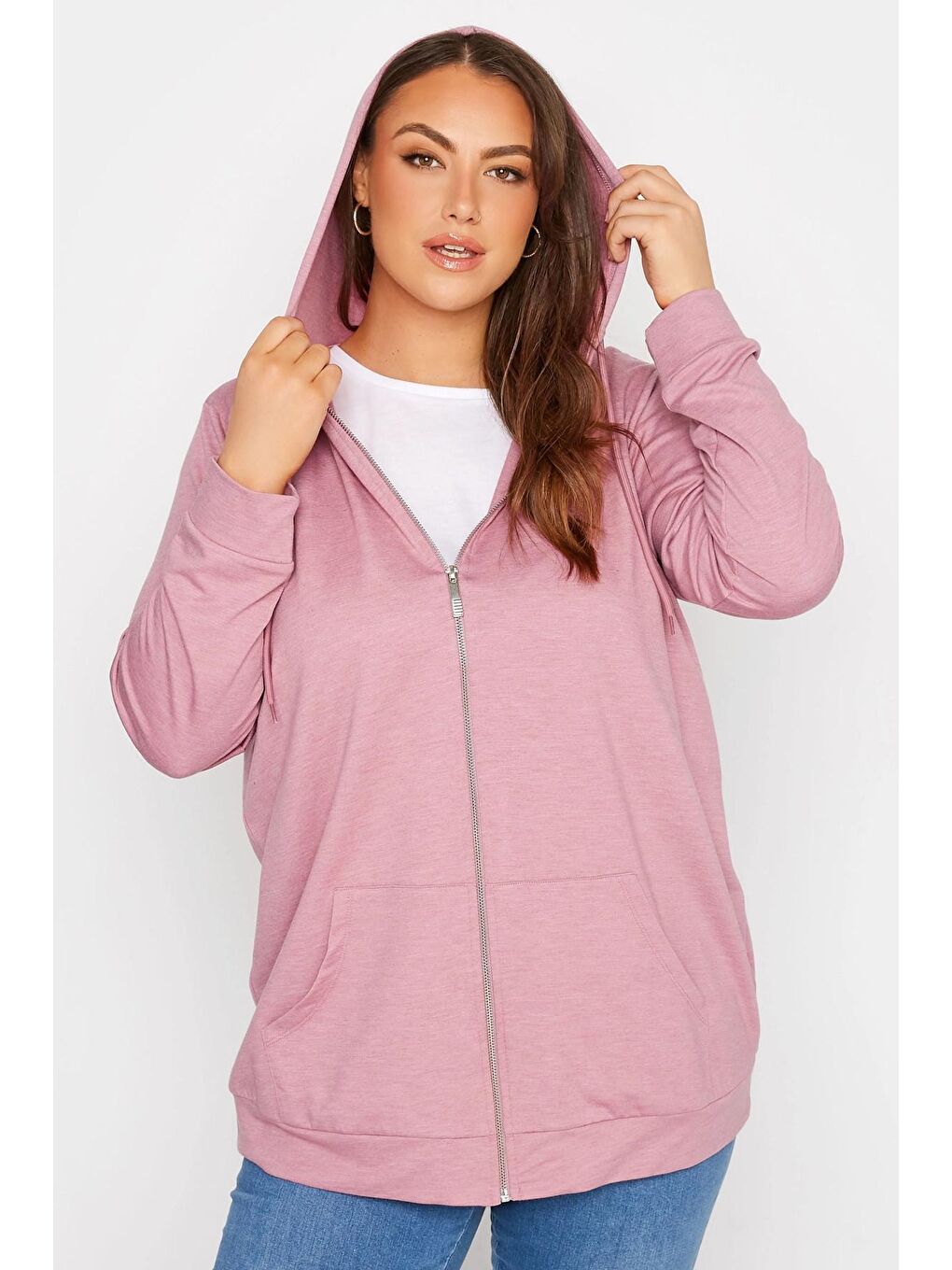 Stil Diva Pembe Büyük Beden Boydan Fermuarlı Kapüşonlu Uzun Kollu Sweatshirt 173420