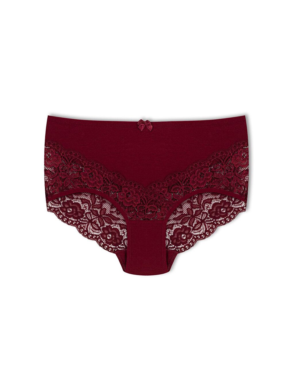 Bordo Pamuklu Arkası ve Önü V Dantel Yüksek Bel Büyük Beden Kadın Külot