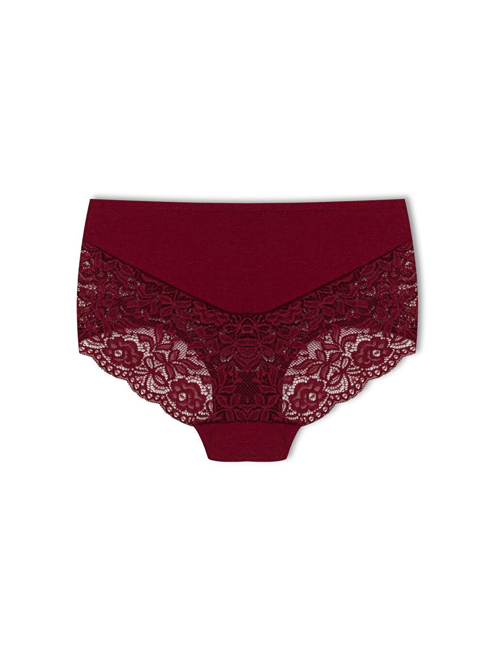 Bordo Pamuklu Arkası ve Önü V Dantel Yüksek Bel Büyük Beden Kadın Külot-1