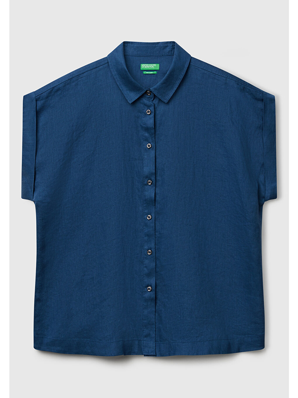 Kadın Gece Mavisi %100 Keten Omuz Detaylı Kısa Kollu Gömlek-1