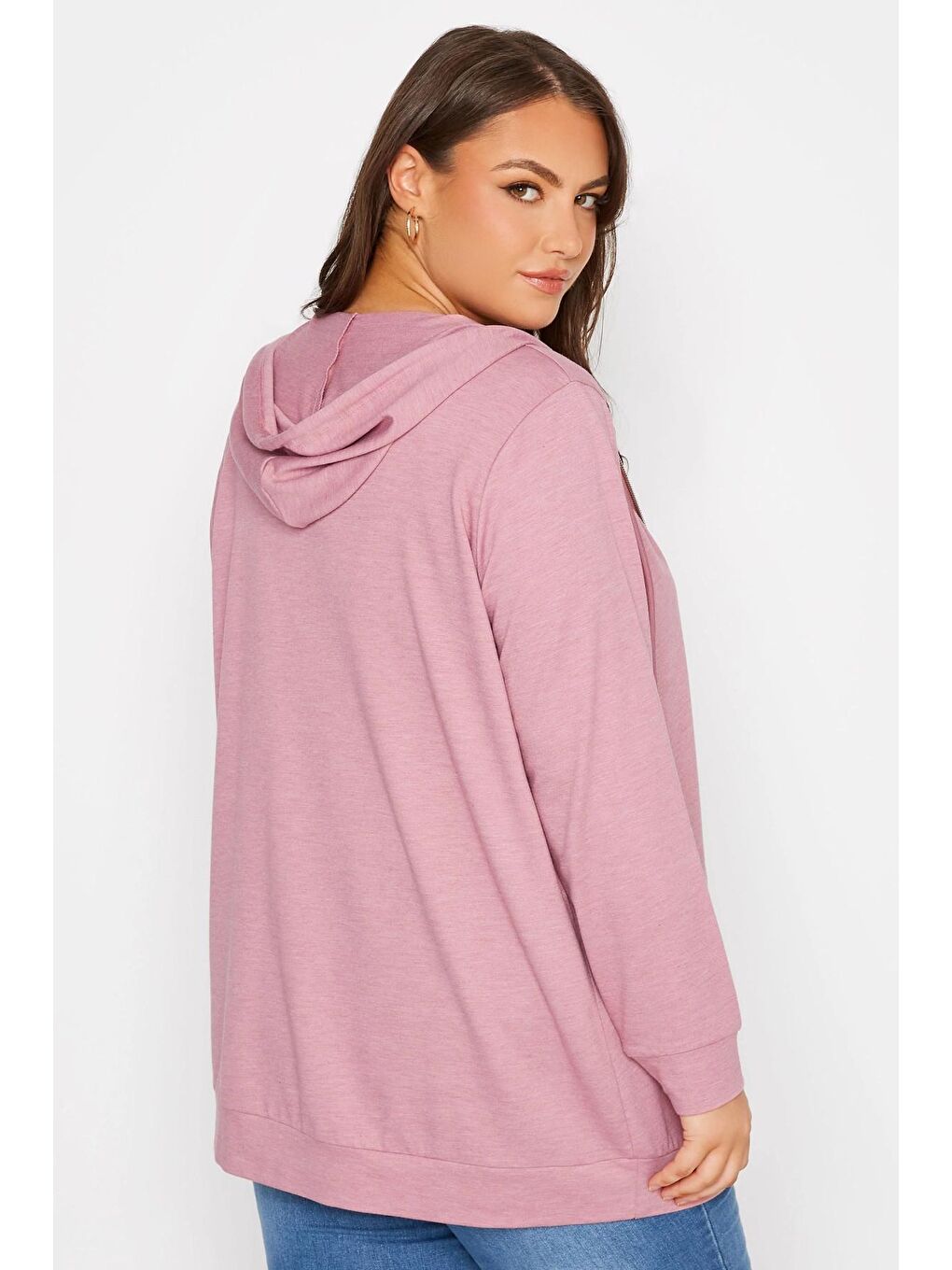 Stil Diva Pembe Büyük Beden Boydan Fermuarlı Kapüşonlu Uzun Kollu Sweatshirt 173420 - 4