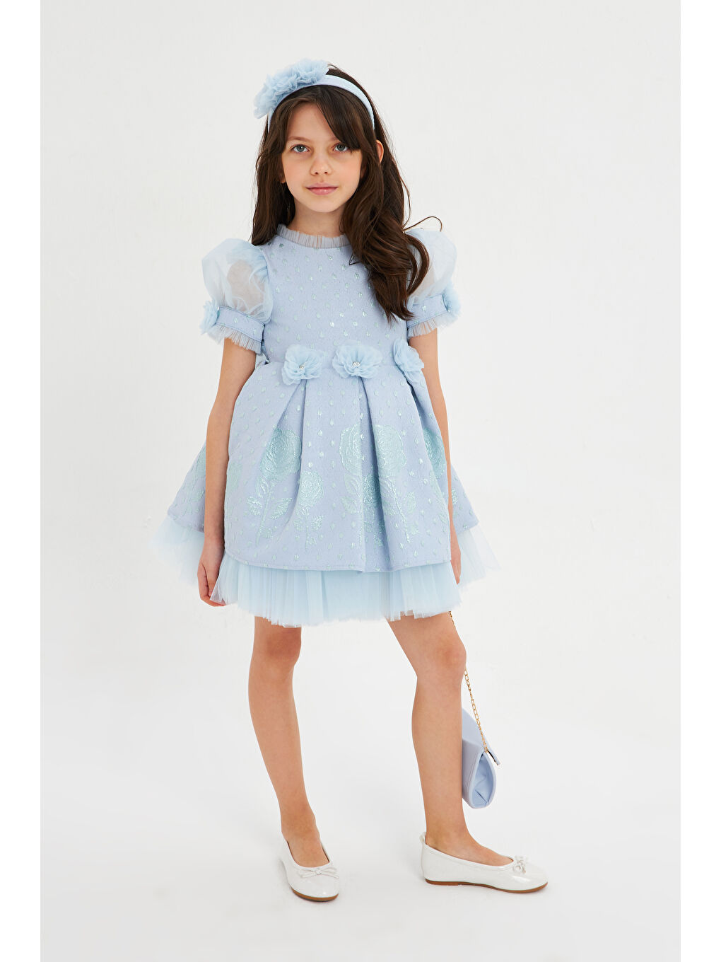 Mavi Balon Kollu Kumaşı Çiçek Desenli Çantalı Taçlı Abiye-1