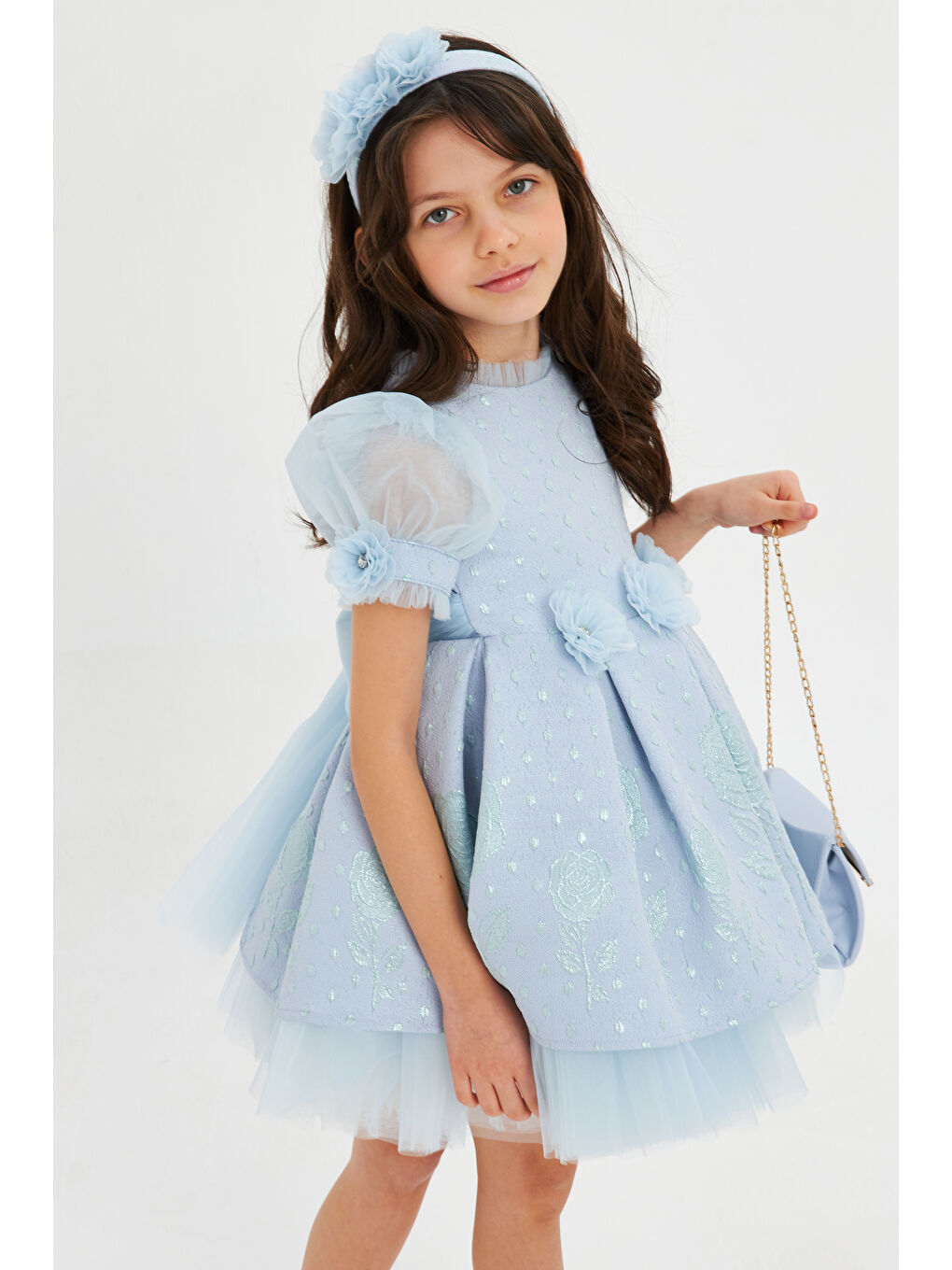 Mavi Balon Kollu Kumaşı Çiçek Desenli Çantalı Taçlı Abiye-2