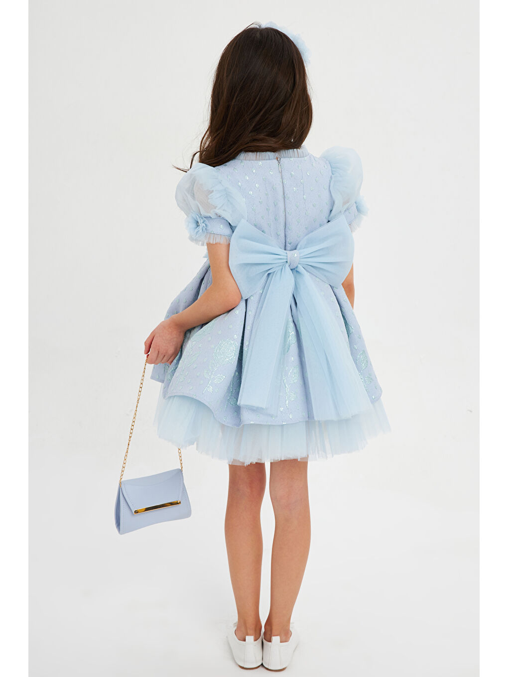 Mavi Balon Kollu Kumaşı Çiçek Desenli Çantalı Taçlı Abiye-3