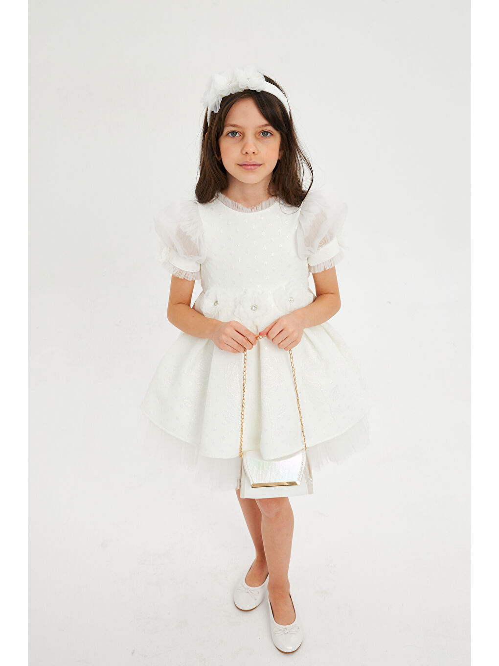 Ekru Balon Kollu Kumaşı Çiçek Desenli Çantalı Taçlı Abiye-2