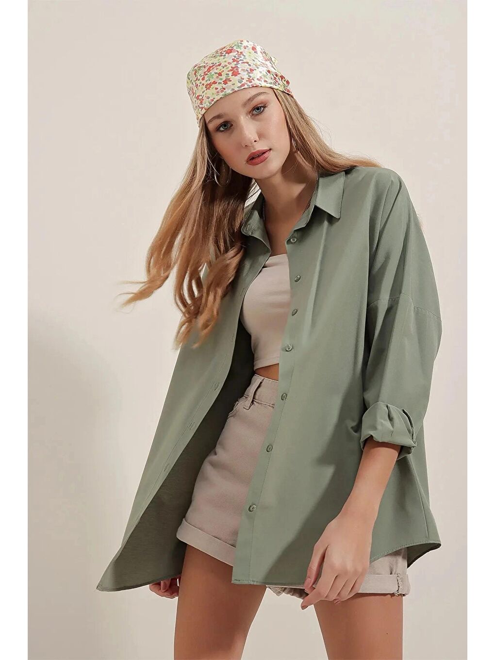 Yeşil Çağla Sade Düz Araboy Basic Oversize Gömlek