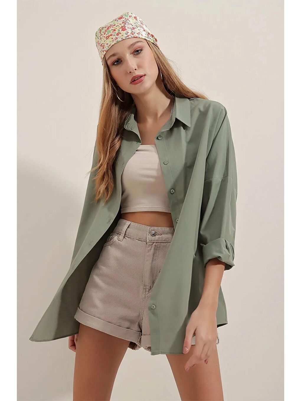 Yeşil Çağla Sade Düz Araboy Basic Oversize Gömlek-1