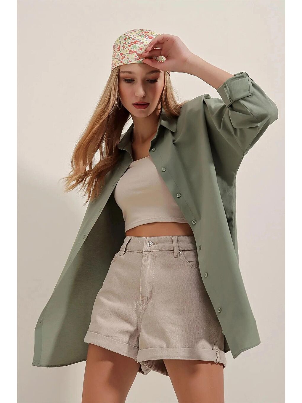 Yeşil Çağla Sade Düz Araboy Basic Oversize Gömlek-2