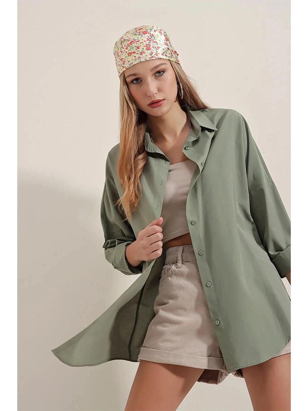 Yeşil Çağla Sade Düz Araboy Basic Oversize Gömlek-3