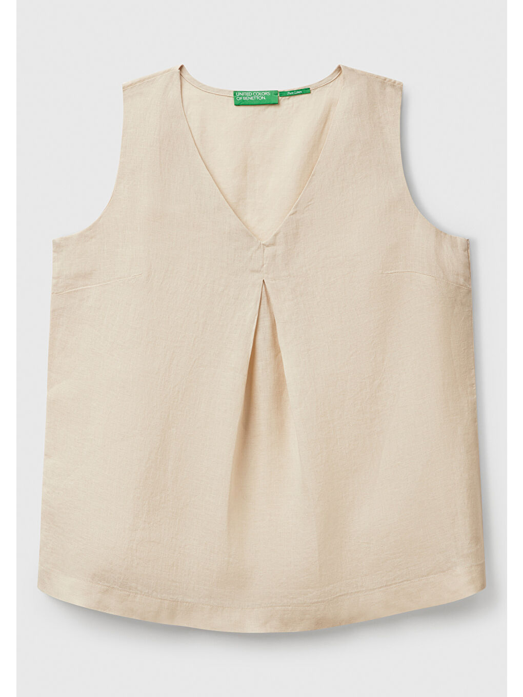 Kadın Bej %100 Keten V Yaka Kolsuz Geniş Kesim Bluz-1