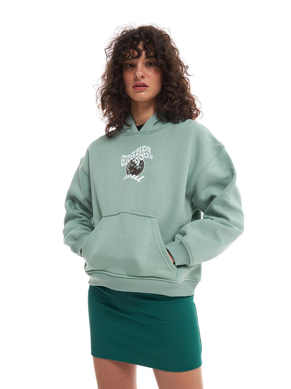 QUZU Su Yeşili Kanguru Cepli Kapüşonlu Sweatshirt Mint - 1