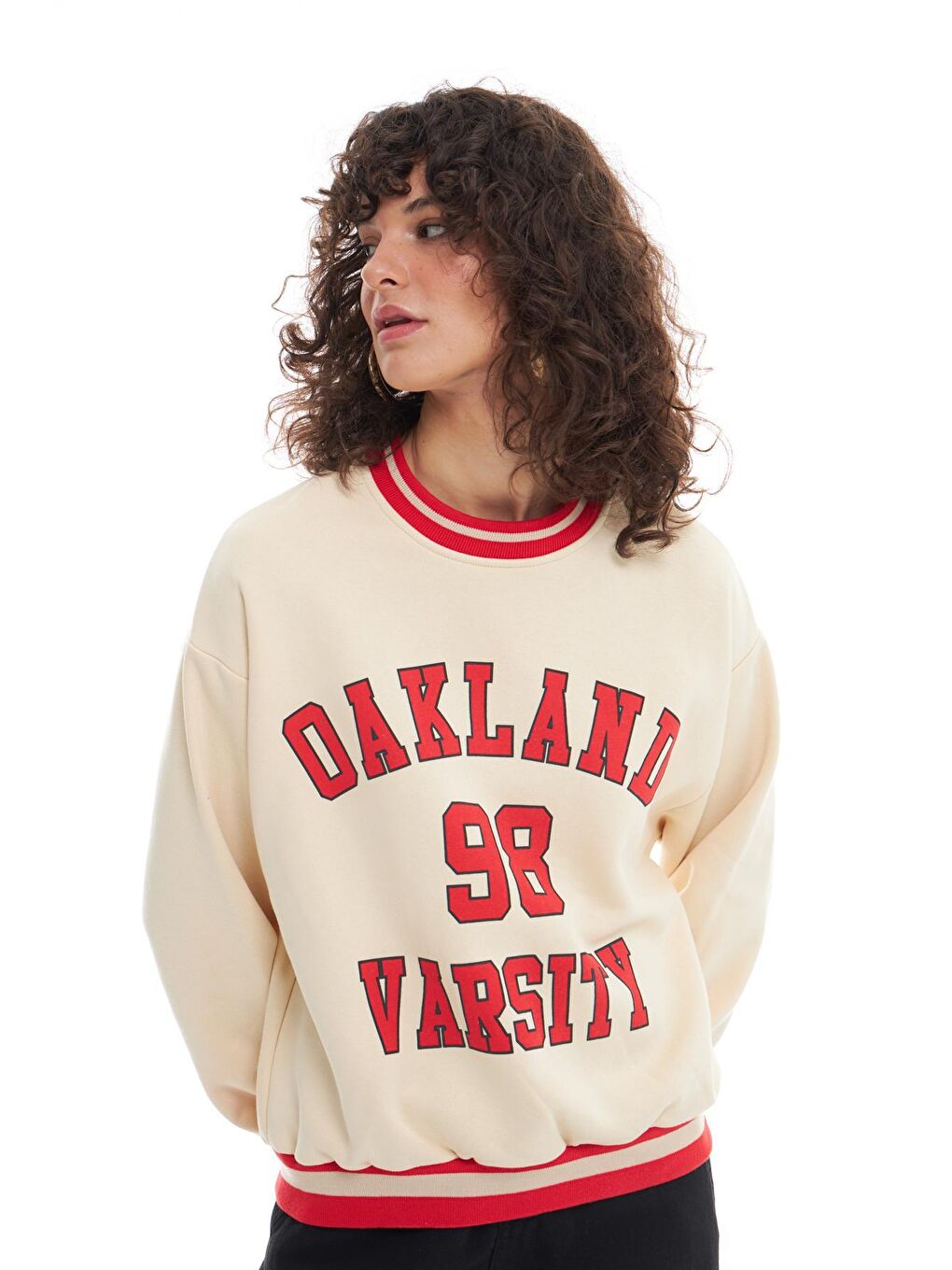 QUZU Açık Bej Baskılı Overisize Sweatshirt Açık Bej