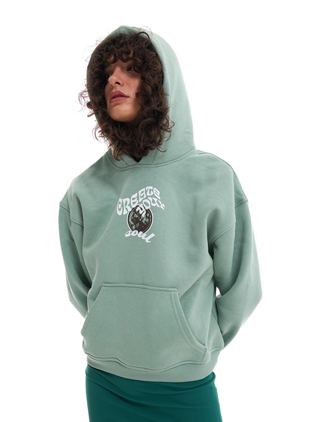 QUZU Su Yeşili Kanguru Cepli Kapüşonlu Sweatshirt Mint - 2