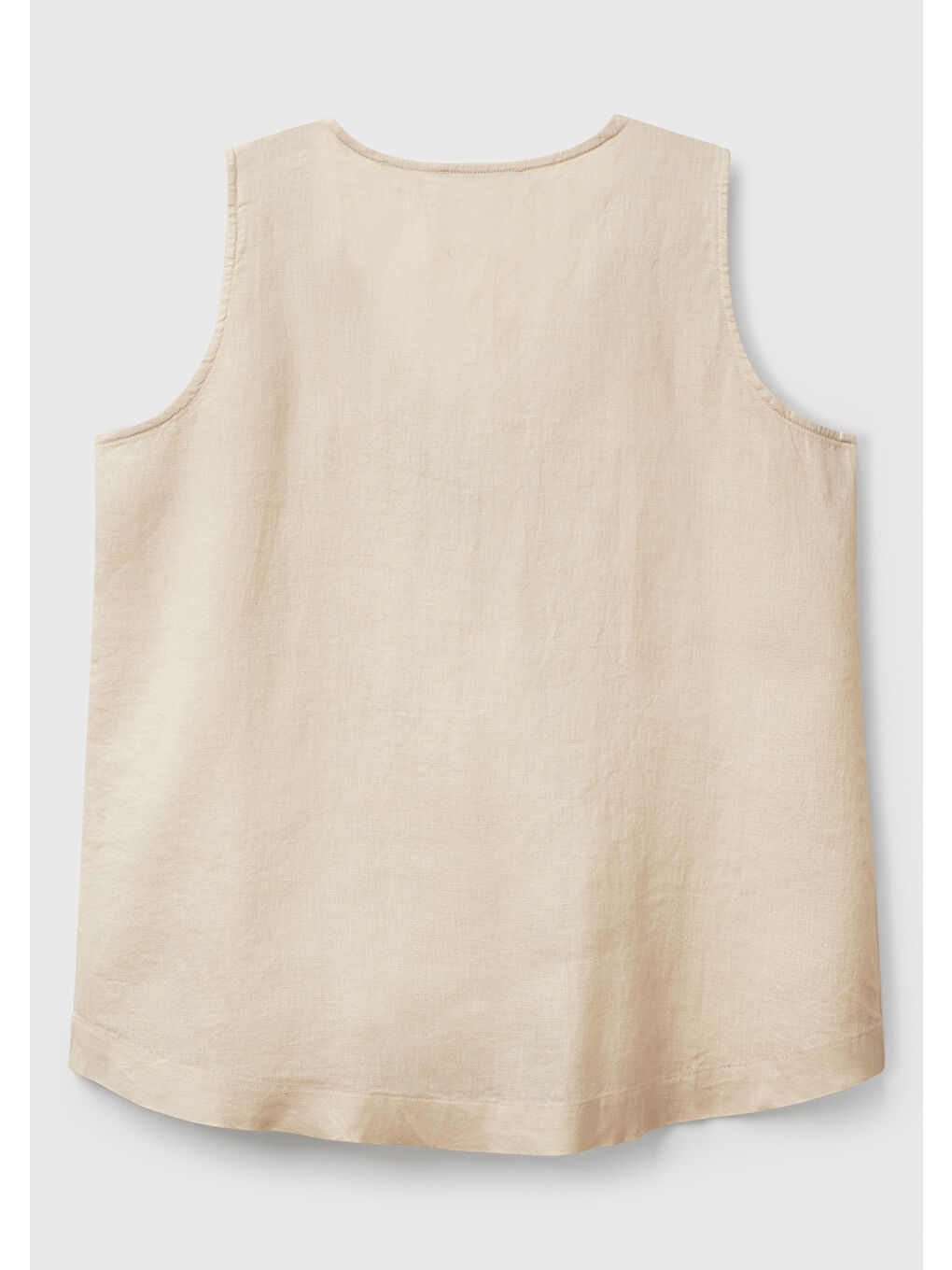 Kadın Bej %100 Keten V Yaka Kolsuz Geniş Kesim Bluz-3