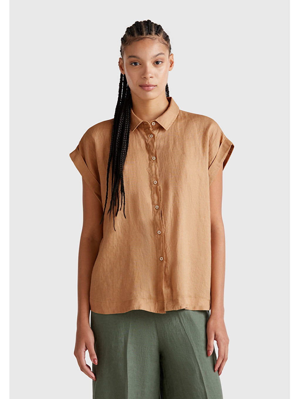 Kahverengi Kadın Taba %100 Keten Omuz Detaylı Kısa Kollu Gömlek