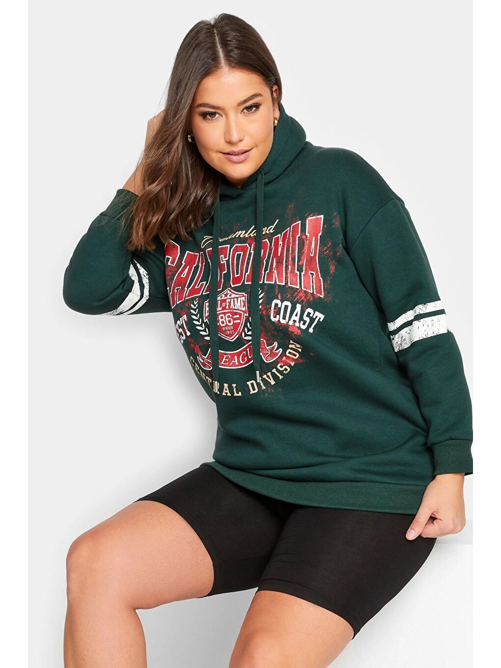 Stil Diva Yeşil Büyük Beden Kolları Şeritli Kapüşonlu Uzun Kollu Sweatshirt 301945