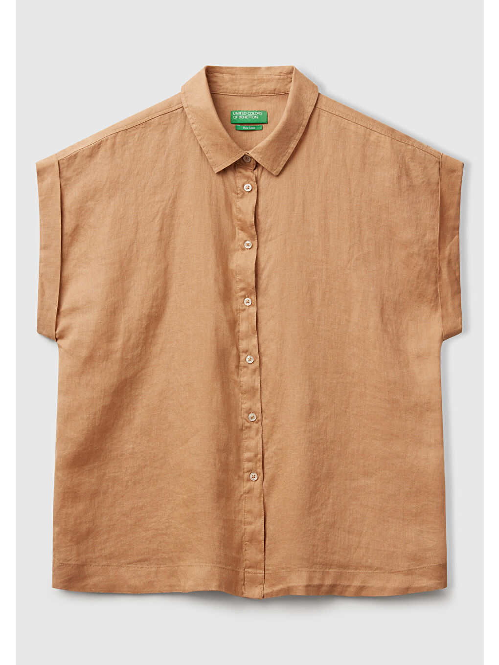 Kahverengi Kadın Taba %100 Keten Omuz Detaylı Kısa Kollu Gömlek-1