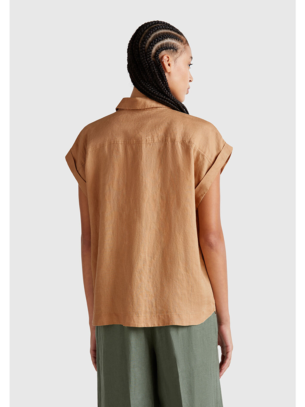 Kahverengi Kadın Taba %100 Keten Omuz Detaylı Kısa Kollu Gömlek-2