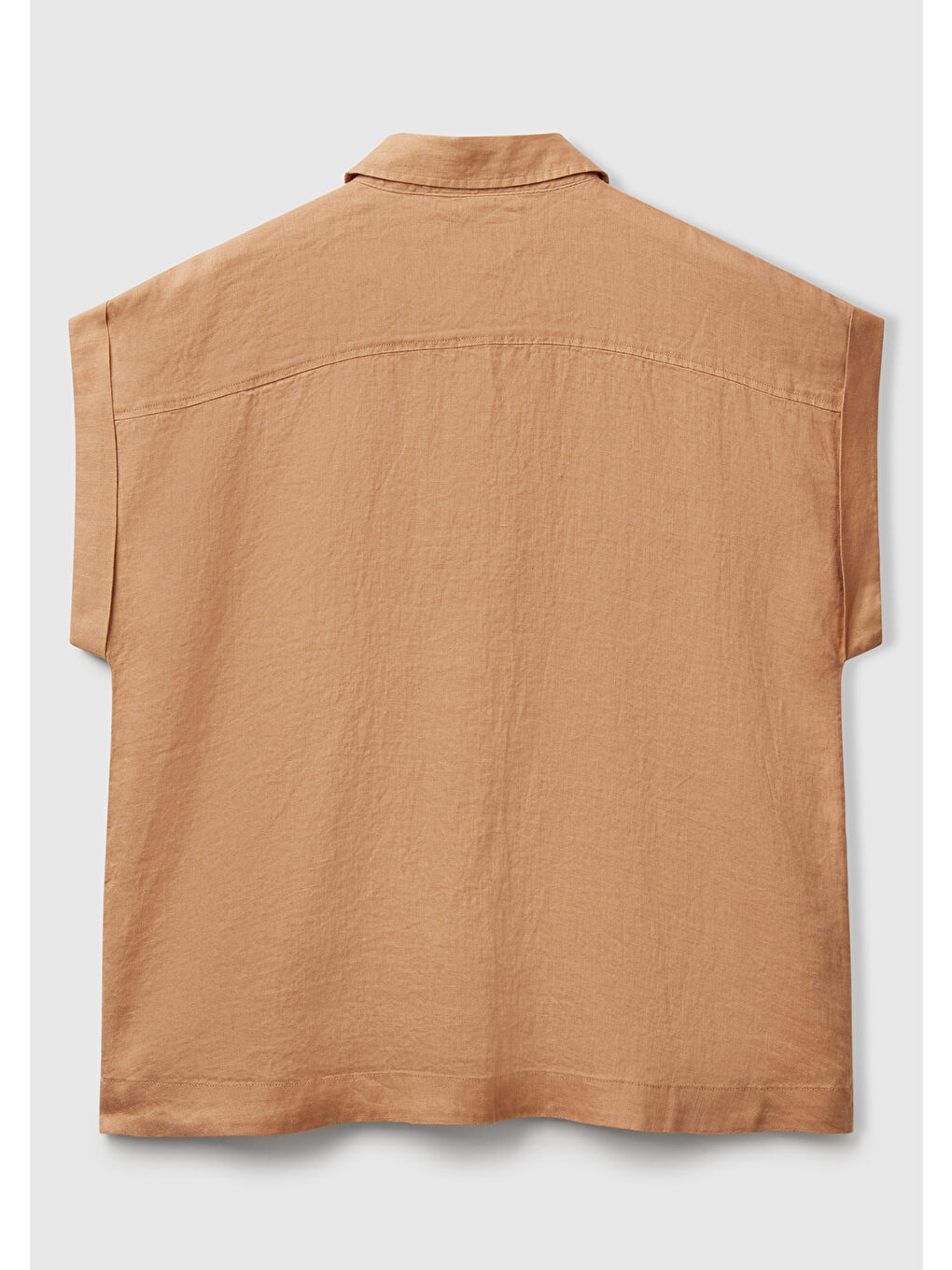 Kahverengi Kadın Taba %100 Keten Omuz Detaylı Kısa Kollu Gömlek-3
