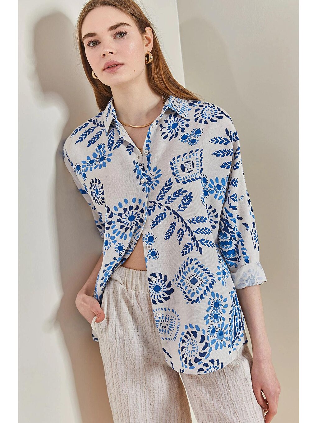 Mavi Kadın Damla Desenli Oversize Gömlek